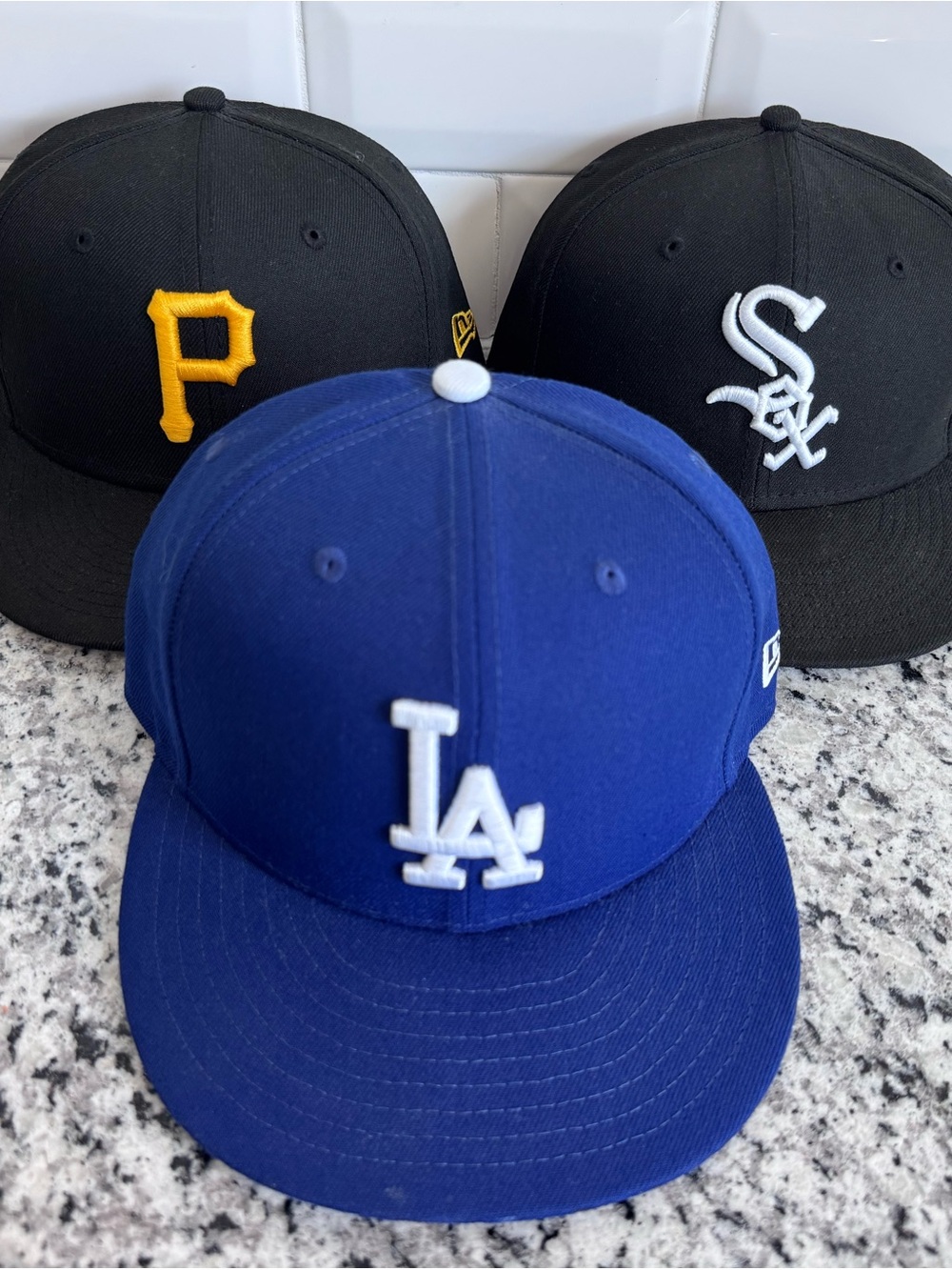 3 New Era Fitted Baseball MLB Hats 7 1/4 Pirates, White Sox & LA Dodgers
